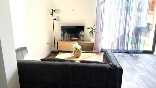 ル・ブールーにあるSuperbe appartement classé 4 étoiles - le Boulouの黒いソファとテーブルのあるリビングルーム