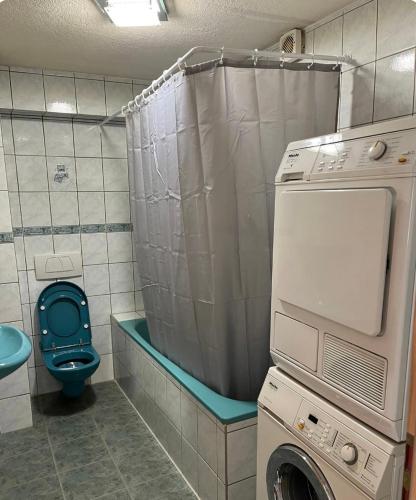 a bathroom with a washing machine and a toilet at Ganzes Haus in der Natur in Lauingen