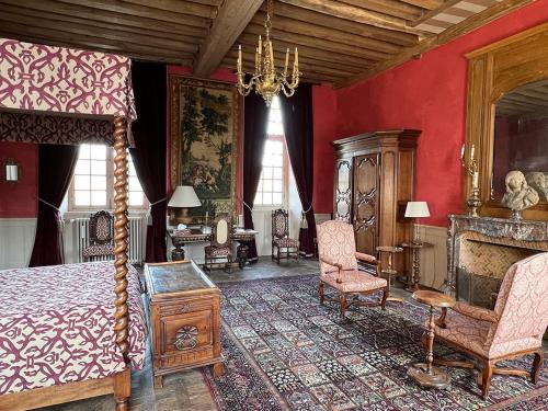a bedroom with red walls and a bed and a fireplace at Château de La Rivière in Pontgouin
