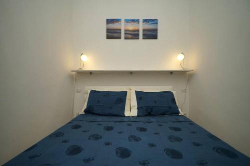 a bedroom with a bed with two blue pillows at Il Girasole in Trebiano