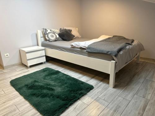 um quarto com uma cama com um tapete verde em WaMM Apartament em Zlotów