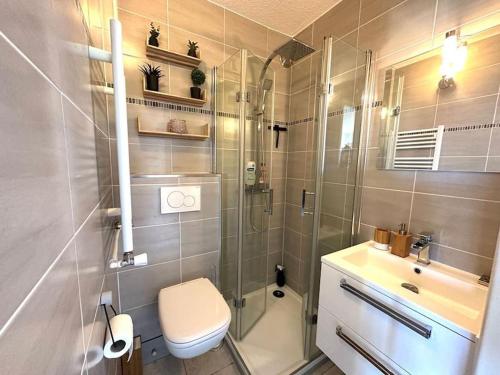 une salle de bain avec une douche, des toilettes et un lavabo dans l'établissement Studio baie Cannes golf piscine mer, à Mandelieu-la-Napoule