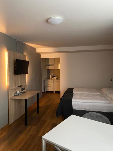 a bedroom with a bed and a desk and a tv at Penzion Stella in Prostějov