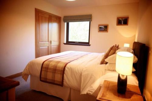 a bedroom with a bed with a lamp and a window at Apple Tree Lodge in Errol