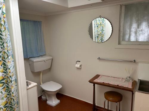 a bathroom with a toilet and a mirror on the wall at Resolution Bay in Resolution Bay