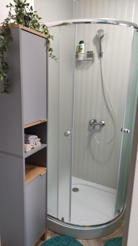 a shower with a glass door in a bathroom at Holiday home Anima Mea, Zadar in Zadar