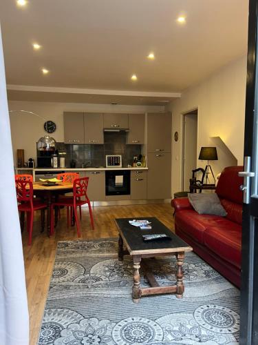 un salon avec un canapé rouge et une table dans l'établissement La Pépinière Victoria - Canal & Pépinière -50m2, à Nancy
