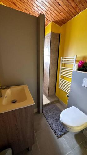 une salle de bain avec des toilettes blanches et un lavabo dans l'établissement Maisonnette de charme, à Le Villard