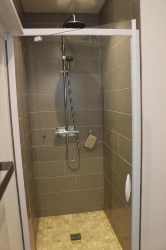 une douche avec une porte vitrée dans une salle de bain dans l'établissement La Pépinière Victoria - Canal & Pépinière -50m2, à Nancy