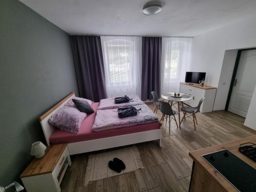 um pequeno quarto com uma cama e uma mesa em Apartmán Uršula em Jáchymov