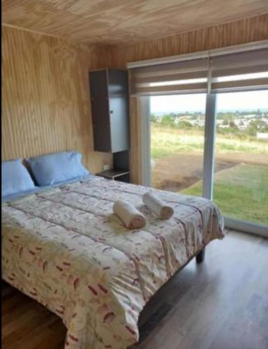 1 dormitorio con cama y ventana grande en Cabañas MR, en Llanquihue