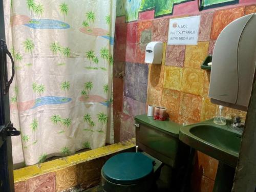 a bathroom with a shower curtain with a sink at Refugio Terra Esperanza in Ibarra