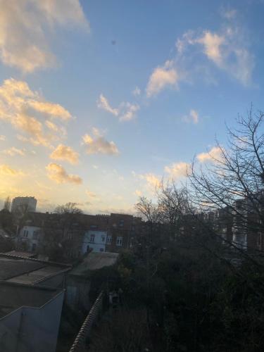 uma vista para um céu nublado com edifícios e árvores em Brussels Guesthouse - Private bedroom and bathroom em Bruxelas