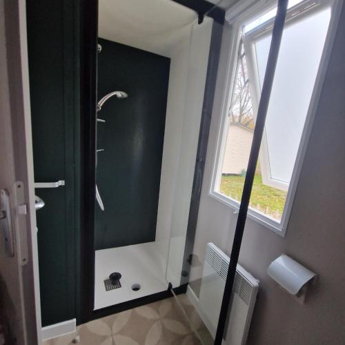 La salle de bains est pourvue d'une douche avec un mur vert. dans l'établissement Mobilhome Piriac Sur Mer, à Piriac-sur-Mer