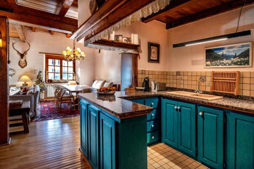 a kitchen with blue cabinets and a living room at Pleta Ordino 51, Duplex rustico con chimenea, Ordino, zona Vallnord in Ordino