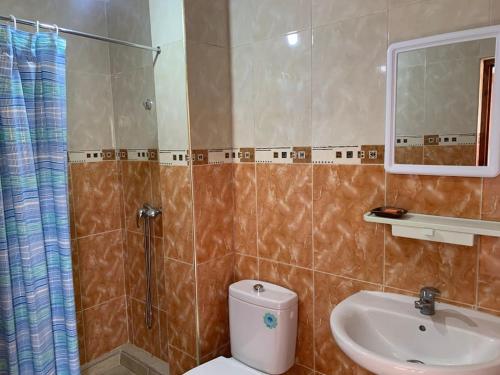 a bathroom with a toilet and a sink and a shower at Taghazout waves 2 in Taghazout