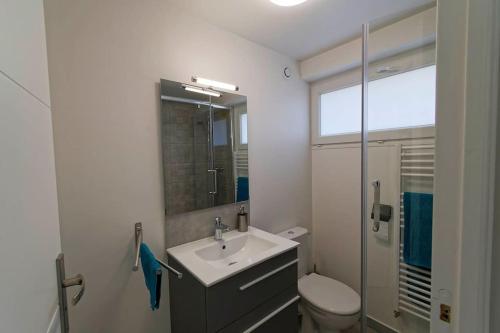 een badkamer met een wastafel, een toilet en een spiegel bij Mon petit coin tranquille in Coubron