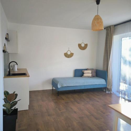 - un salon avec un canapé bleu dans l'établissement GuestHouse Maison Standard, à Kula