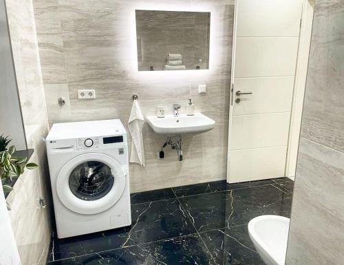 a bathroom with a washing machine and a sink at Davidoff-Apartment in Seelze