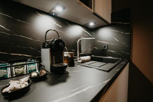 a kitchen with a counter with a sink and lights at LLR Design Apartment - Sepia Toffee im Zentrum von Koblenz in Koblenz