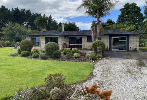 a house with two chickens in the front yard at Waitomo Golf Ridge in Waitomo Caves