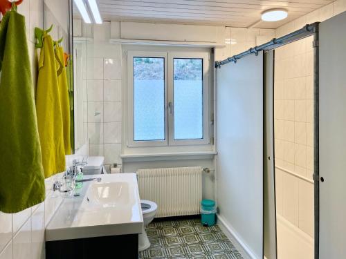 a bathroom with a sink and a toilet and a window at alscher's holiday home in Interlaken