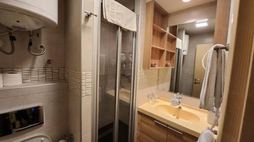 a bathroom with a sink and a shower at Konaci”Rile-Men” in Kopaonik