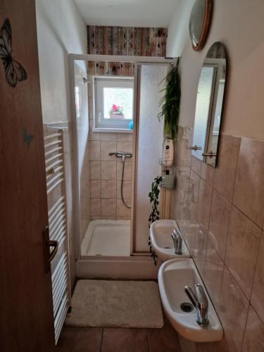 a bathroom with a tub and a sink and a shower at Ubytovanie Janka in Turany