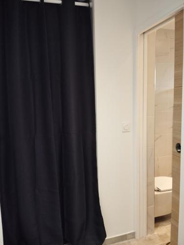 cortina de ducha negra en un baño junto a un aseo en Studio le pont de claix, en Le Pont-de-Claix