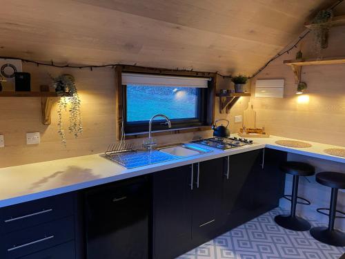 cocina con fregadero y ventana en Craster Coastal Cabins, en Craster