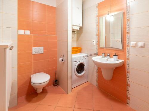 a bathroom with a toilet sink and a washing machine at Apartmán Slnečnica in Tale