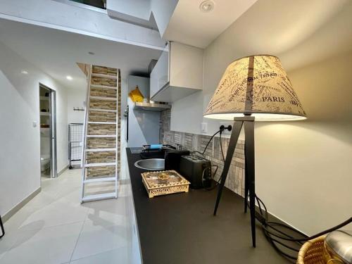 sala de estar con lámpara y cocina en Studio cosy, en Oye-et-Pallet