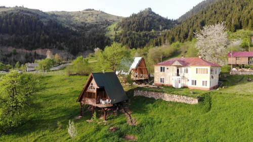 eine Luftansicht eines Hauses auf einem grünen Feld in der Unterkunft Süllü Dağ Evi in Yavuzkemal