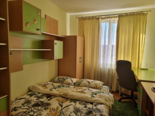 a bedroom with a bed and a desk and a chair at Nice & Relaxing Central Apartment in Baia Mare