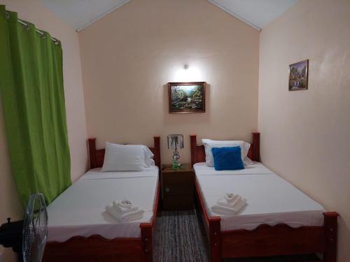 two beds in a room with green curtains at Salz Cozy Inn in Roseau