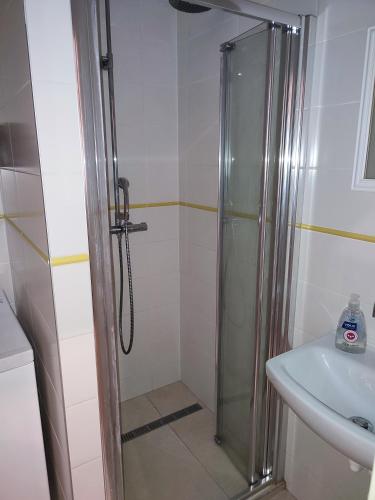 a shower with a glass door next to a sink at Bulvár apartmán in Žilina