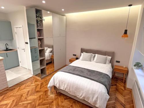 1 dormitorio con 1 cama grande y cocina en Terazije Center Apartments, en Belgrado
