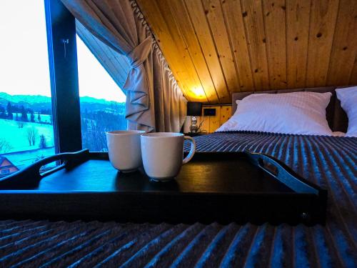 two cups on a table in a room with a bed at RzepiskaView in Rzepiska
