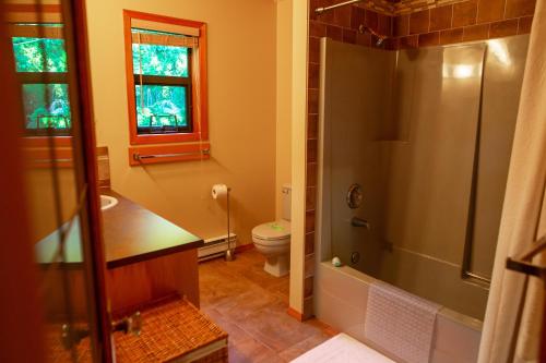 uma casa de banho com um chuveiro, um lavatório e um WC. em The Overlook, Luxury Lakeside Home with Dock em Harrison Hot Springs