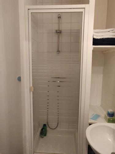 une douche avec une porte vitrée dans une salle de bain dans l'établissement Cozy Gateaway, à Neuilly-sur-Seine