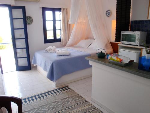 a bedroom with a bed with a microwave and a television at Big Blue Apartments in Myrtos