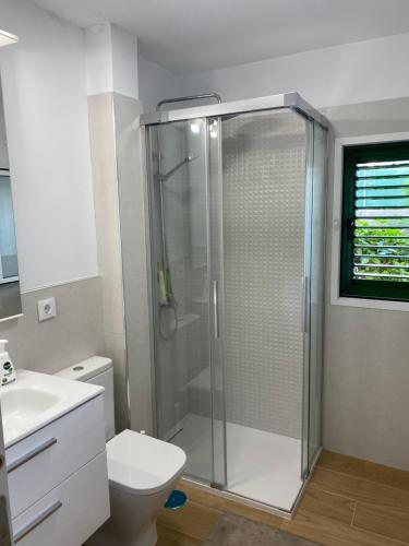 uma casa de banho com um chuveiro e um WC. em Las olas 214 em Maspalomas
