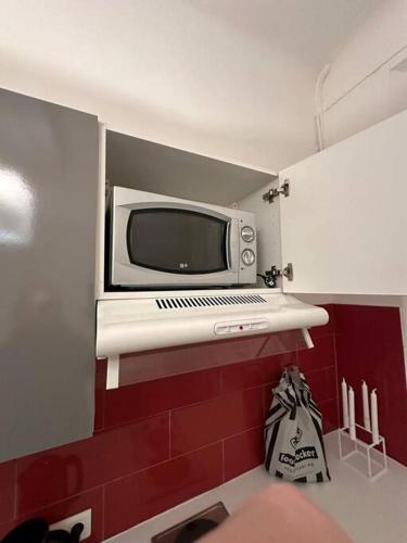 un micro-ondes posé sur une étagère dans une cuisine dans l'établissement Appartement Rue d'Antibes, à Cannes