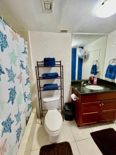 a bathroom with a toilet and a sink and blue towels at Suite Posada frente al mar, Si San Carlos 312 in San Carlos