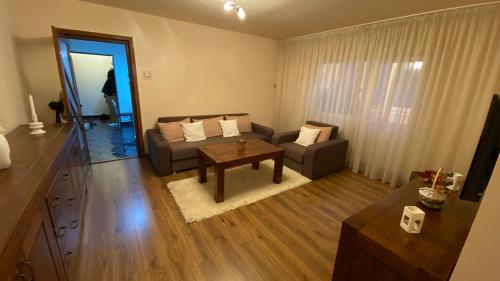 a living room with a couch and a table at Apartament doua camere in Baia Mare