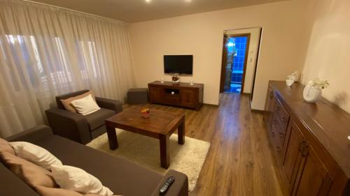 a living room with a couch and a table at Apartament doua camere in Baia Mare