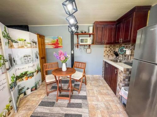 a small kitchen with a table and a refrigerator at Dos Morenas Apartments - Apt 3 in Bajo Boquete