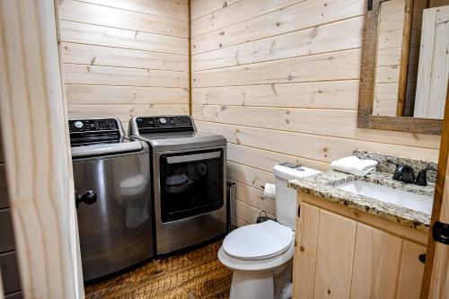 a kitchen with a stove and a toilet and a sink at Black Bearry in Blue Ridge