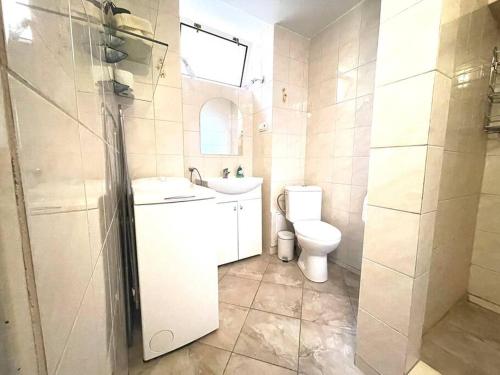 a bathroom with a toilet and a sink and a shower at Apartment Elizabeth 2 in Košice