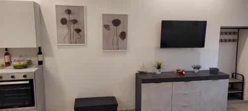 een keuken met een aanrecht en een tv aan de muur bij Casadoria34 - Appartamento da 70 mq in Mola di Bari